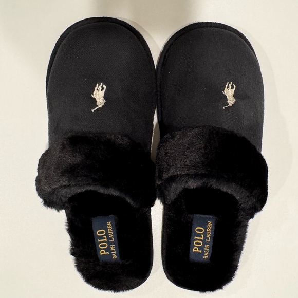 Ralph Lauren Shoes - Ralph Lauren Black Faux-Fur Mule Slippers with Polo Logo